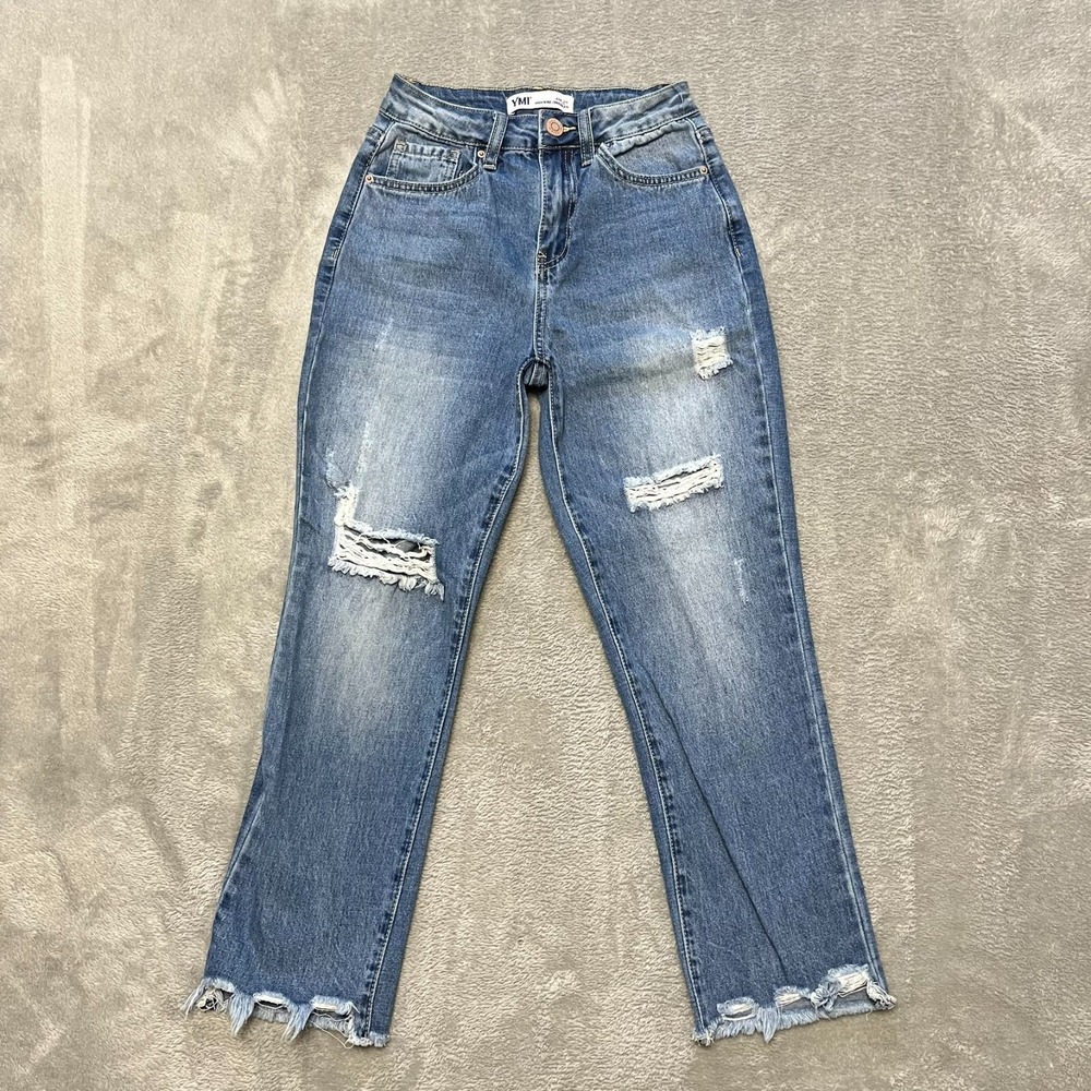 YMI Jeans Womens 25 Blue Ankle Straight High Rise Ripped Medium Wash Denim